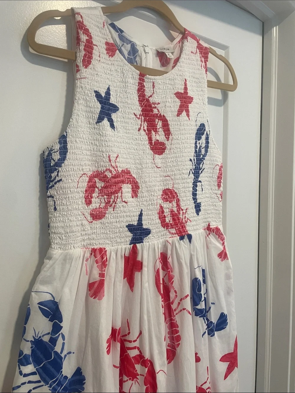 J. Crew White Midi Dress with Red & Blue Nautical Print 🦞